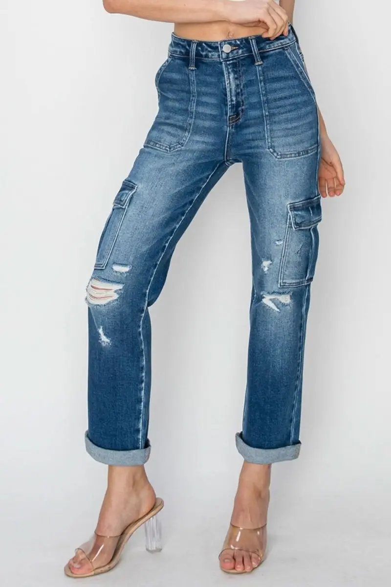 RISEN Full Size High Rise Cargo Ankle Roll Up Straight Jeans - Love Salve